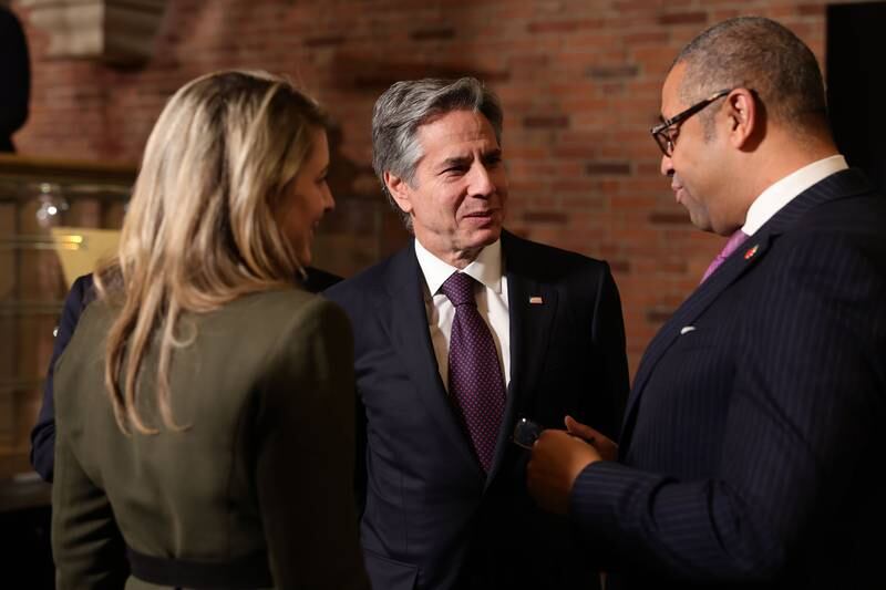 Canadian Foreign Minister Melanie Joly, US Secretary of State Antony Blinken and British Foreign Secretary James Cleverly chat after the G7 working session. Getty Images