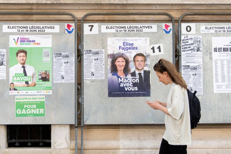 Electoral posters in front of a polling station during the second round of voting, in Paris. Bloomberg