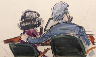 A courtroom sketch shows Ghislaine Maxwell, left, listening with her lawyer Jeffrey Pagliuca as a jury returns a guilty verdict in her sex trafficking trial in New York.  AP