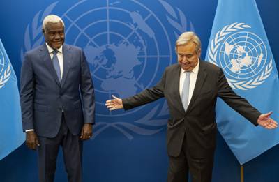 Chairperson of the African Union Commission, Moussa Faki Mahamat, left, meets with United Nations Secretary General Antonio Guterres at the UN  headquarters. AP Photo