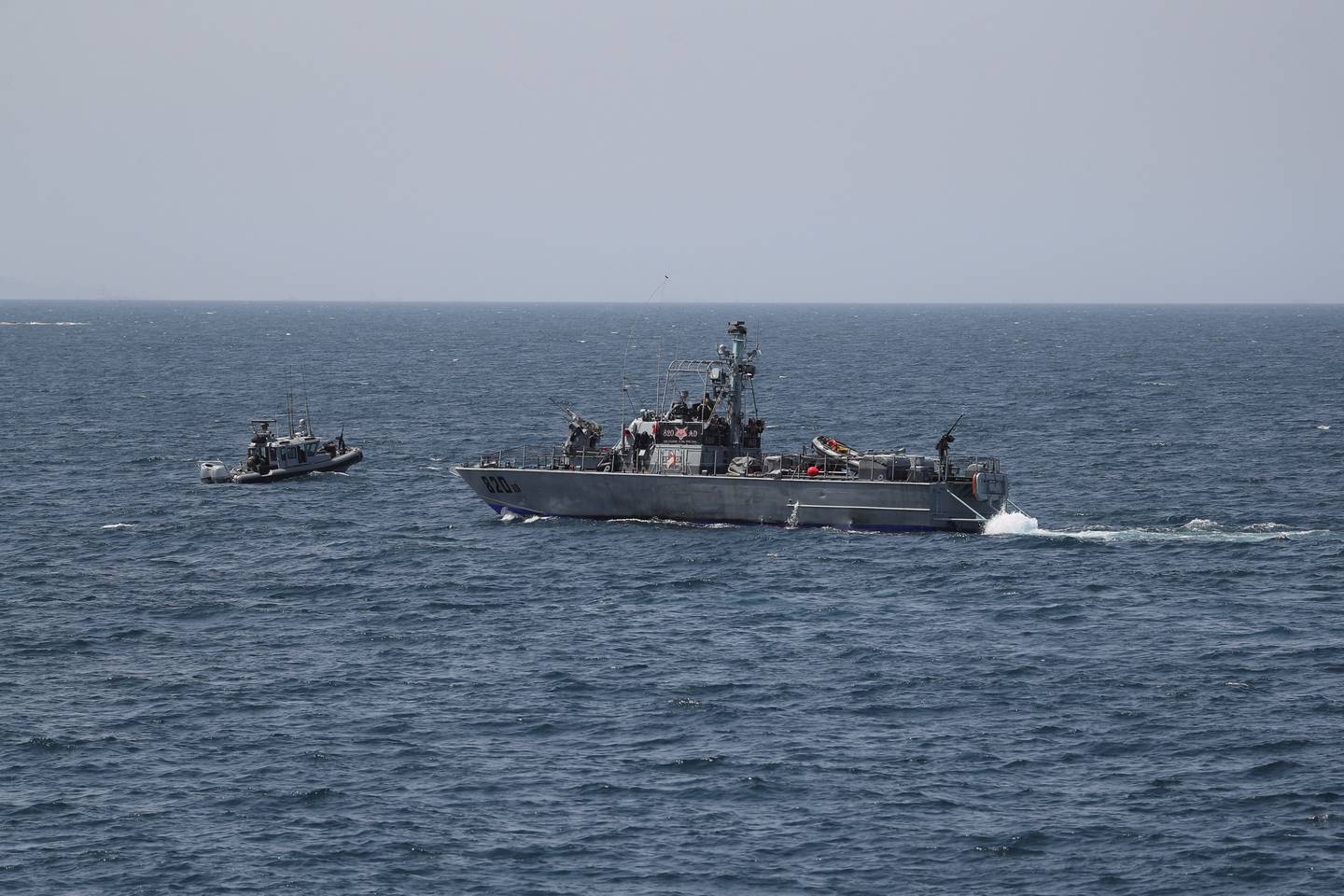 Israeli navy boats are seen in the Mediterranean Sea as seen from Rosh Hanikra, close to the Lebanese border, northern Israel. Reuters