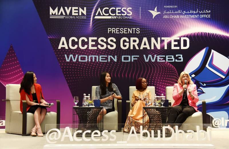 Sandy Carter, right, of Unstoppable Domains and founder of Unstoppable Women of Web3, speaking at Access Granted, hosted by Access Abu Dhabi. Photo: Abu Dhabi Investment Office