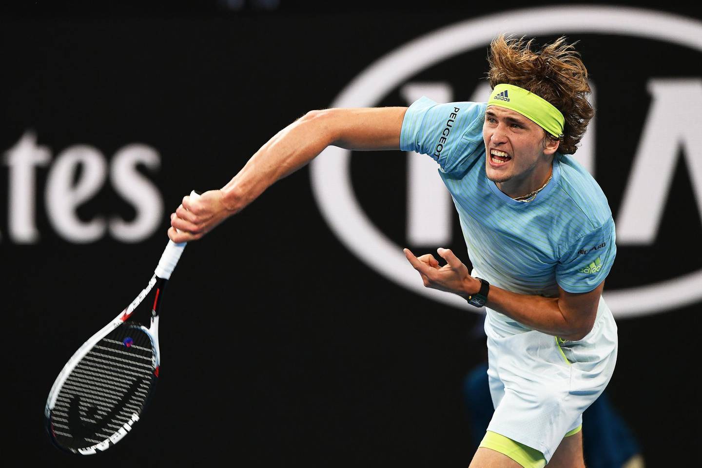 epa06449580 Alexander Zverev of Germany in action during his second round match against his compatriot Peter Gojowczyk at the Australian Open Grand Slam tennis tournament in Melbourne, Australia, 18 January 2018.  EPA/JOE CASTRO AUSTRALIA AND NEW ZEALAND OUT