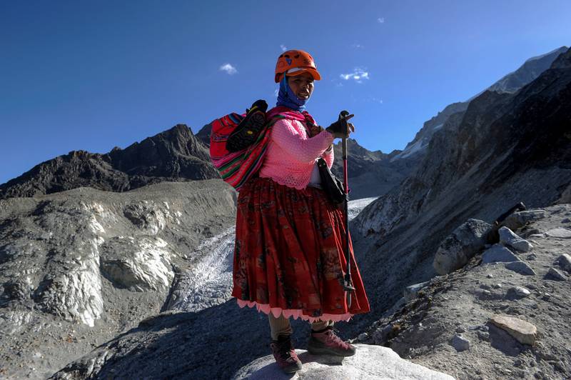 Cecilia Llusco, one of the Climbing Cholitas, on Huayna Potosi.