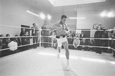 American heavyweight boxer Muhammad Ali throws bare-handed punches in the ring while in training for his fight against Brian London, London, England, August 1966. (Photo by R. McPhedran/Hulton Archive/Getty Images)