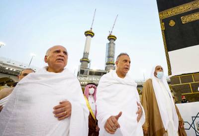 Mustafa Al Kadhimi circumambulates the Kaaba at the Grand Mosque. AFP