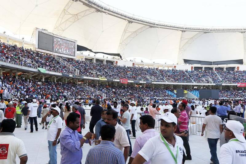 The Dubai International Cricket Stadium fills up before the Indian prime minister's arrival. Pawan Singh / The National