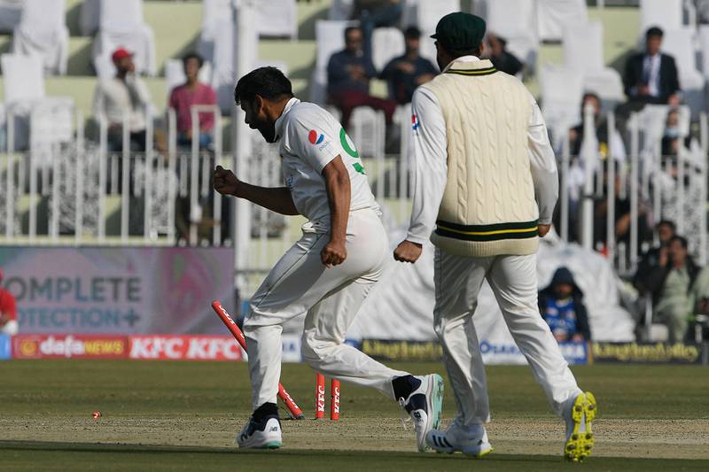 Pakistan's Haris Rauf celebrates after taking the wicket of England's Zak Crawley. AFP