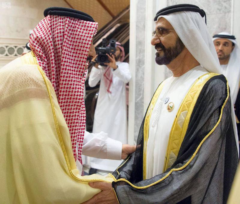 Sheikh Mohammed bin Rashid greets King Salman.