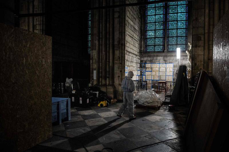Paris Cathedral's rector Patrick Chauvet visits Notre-Dame on November 24, 2020 during reconstruction works. AFP