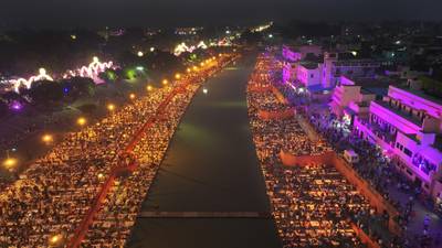 Lamps light up the banks of the river Saryu in Ayodhya, India on Saturday. AP