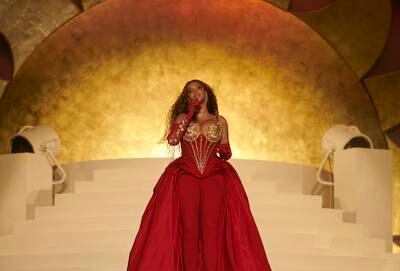 Beyonce donned a red dress by Nicolas Jebran. Photo: Mason Poole/Parkwood Media/Getty Images for Atlantis The Royal