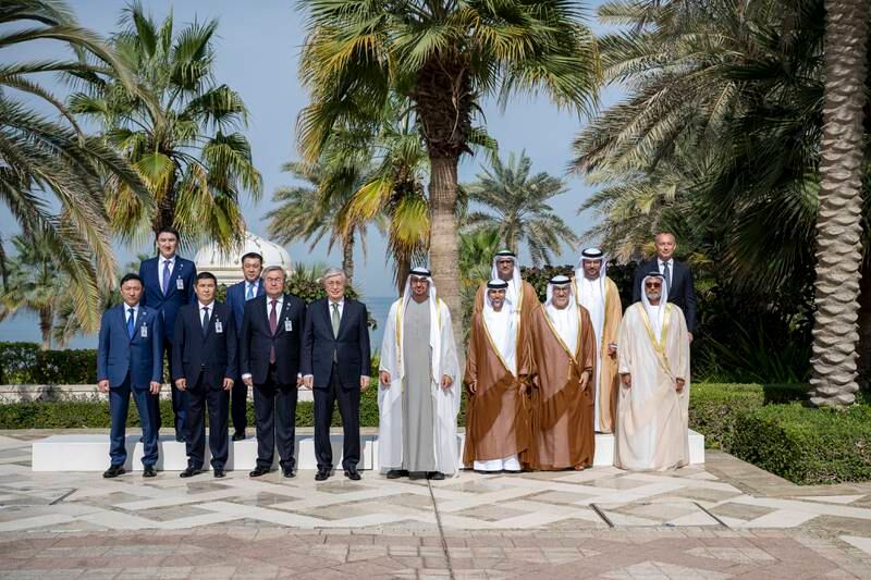 President Sheikh Mohamed and Kassym-Jomart Tokayev, President of Kazakhstan, pictured with UAE and Kazakh officials at Qasr Al Watan in Abu Dhabi. Photo: UAE Presidential Court
