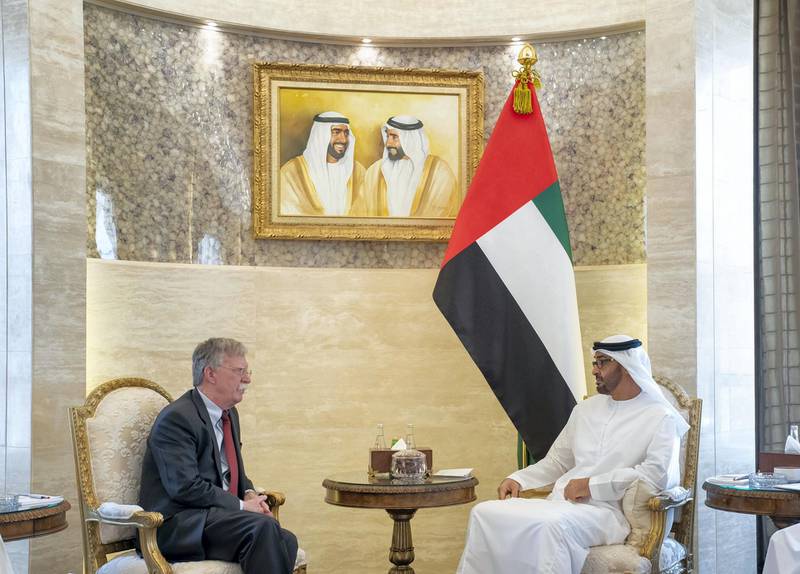 John Bolton, US national security adviser, is received by Sheikh Mohamed bin Zayed in Abu Dhabi. Ministry of Presidential Affairs