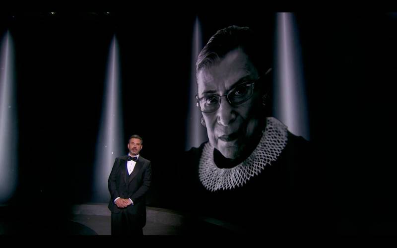 This handout screen shot released courtesy of American Broadcasting Companies, Inc. / ABC shows host Jimmy Kimmel standing before a photo of the late Supreme Court Justice of the United States Ruth Bader Ginsburg during the 72nd Primetime Emmy Awards ceremony held virtually on September 20, 2020. Hollywood's first major Covid-era award show will look radically different to previous editions, with no red carpet and a host broadcasting from an empty theater in Los Angeles, which remains under strict lockdown. - RESTRICTED TO EDITORIAL USE - MANDATORY CREDIT "AFP PHOTO / American Broadcasting Companies, Inc. / ABC" - NO MARKETING NO ADVERTISING CAMPAIGNS - DISTRIBUTED AS A SERVICE TO CLIENTS --- NO ARCHIVE ---

 / AFP / American Broadcasting Companies, Inc. / ABC / - / RESTRICTED TO EDITORIAL USE - MANDATORY CREDIT "AFP PHOTO / American Broadcasting Companies, Inc. / ABC" - NO MARKETING NO ADVERTISING CAMPAIGNS - DISTRIBUTED AS A SERVICE TO CLIENTS --- NO ARCHIVE ---

