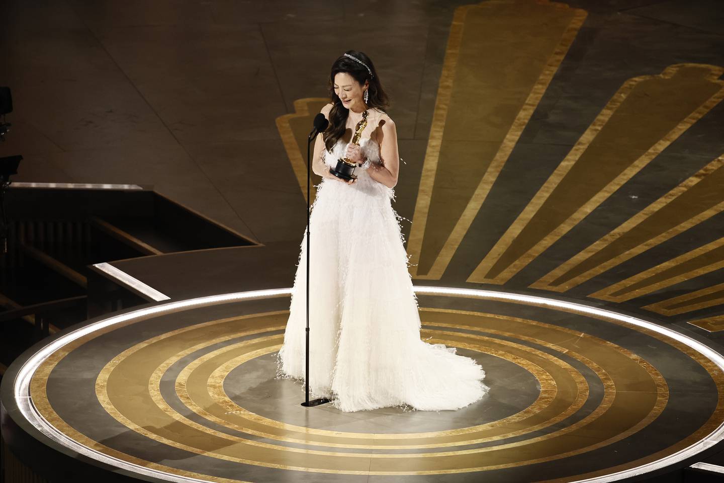 Michelle Yeoh after winning the Oscar for Best Actress for 'Everything Everywhere All at Once' during the 95th annual Academy Awards ceremony at the Dolby Theatre in Hollywood, Los Angeles, California, USA, 12 March 2023.  The Oscars are presented for outstanding individual or collective efforts in filmmaking in 24 categories.   EPA / ETIENNE LAURENT