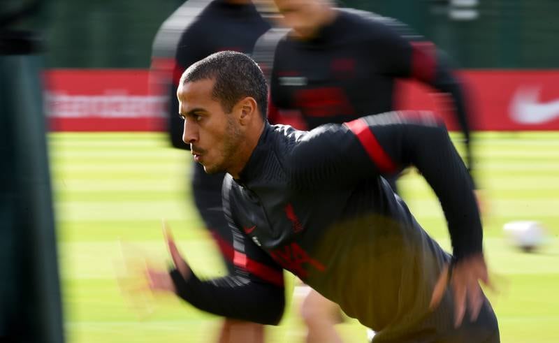 LIVERPOOL, ENGLAND - SEPTEMBER 25: (THE SUN OUT, THE SUN ON SUNDAY OUT) Thiago Alcantara of Liverpool during the training session at Melwood Training Ground on September 25, 2020 in Liverpool, England. (Photo by Andrew Powell/Liverpool FC via Getty Images)
