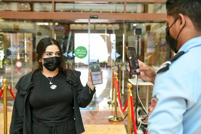 Al Hosn app allows the user to show proof of a coronavirus vaccine or a recent test, often to gain entry to public places in Abu Dhabi or as a requirement by their employer, such as in service industries and schools, by showing green status.  Khushnum Bhandari / The National
