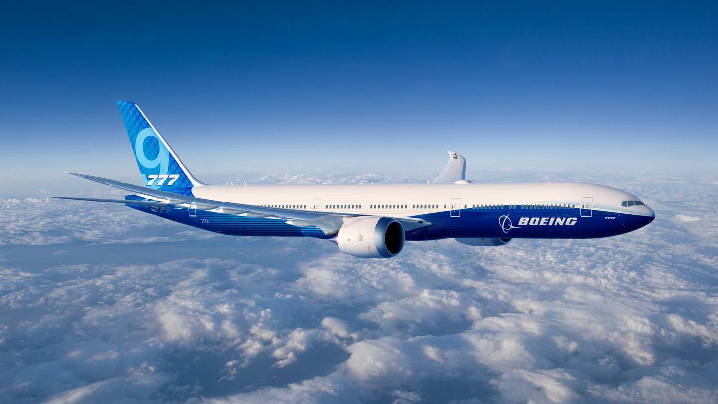 Rendering 777-9X; Air to Air; Over Clouds Blue Boeing Livery; K66734