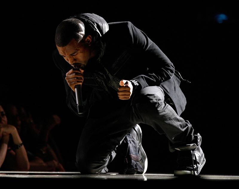 (FILES) In this file photo musician Kanye West performs onstage during the 50th annual Grammy awards held at the Staples Center on February 10, 2008 in Los Angeles, California.   A pair of Kanye West's first Nike Yeezy sneakers, which he debuted on stage at the Grammys, are to be sold, with Sotheby's predicting the shoes could fetch in excess of $1 million. The Nike Air Yeezy 1 sneakers are part of a private sale -- which means neither the final price nor the buyer will be released unless the individual comes forward.The sneaker range were the first to be launched by West's Yeezy brand, and caused a fashion furore when he wore them during a 2008 Grammys performance. The sneakers, which are being sold by shoe collector Ryan Chang, will be on display in Hong Kong from April 16, 2021.
 / AFP / GETTY IMAGES NORTH AMERICA / Kevin Winter
