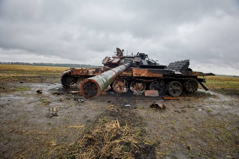 The hulk of a Russian tank in the Kupiansk Raion district of Kharkiv oblast, where a counter-offensive by Ukrainian forces led to the withdrawal of invading Russian troops from the area. EPA