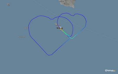 An Air Malta pilot carved two interlinked love hearts in the air over the Mediterranean on February 14, 2015. Courtesy FlightRadar24