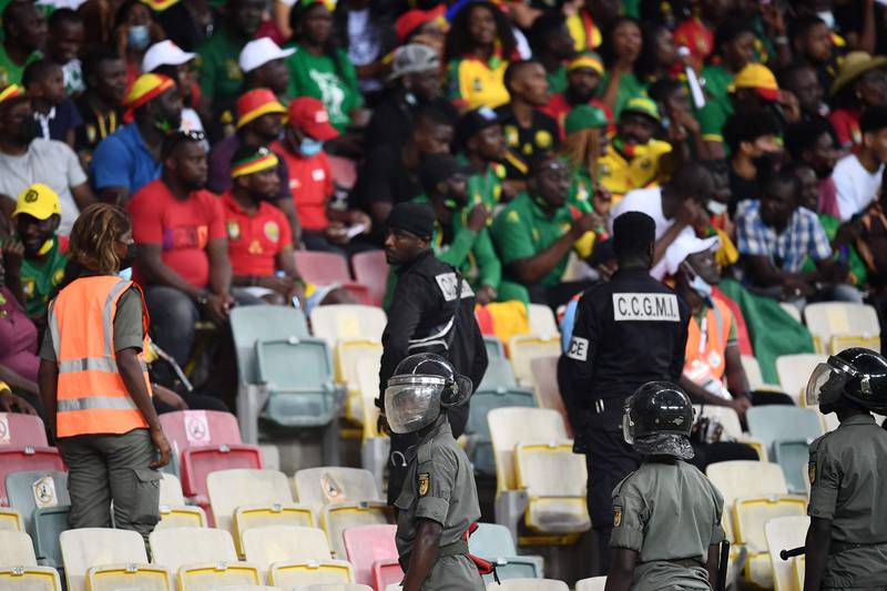 Security members in the main stand at the Japoma Stadium in Douala. AFP