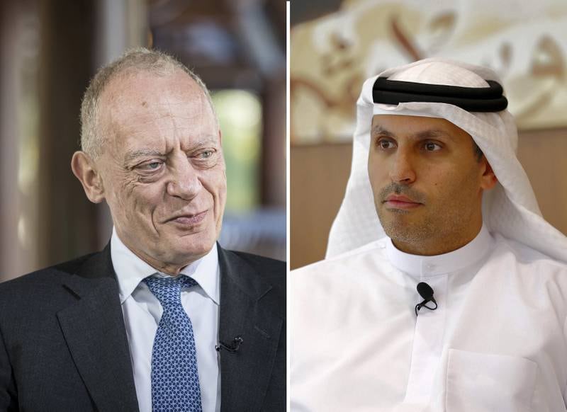 Lord Grimstone and Khaldoon Al Mubarak . Bloomberg, Pawan Singh / The National