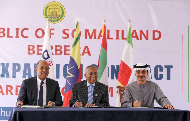 HARGEISA , SOMALILAND,  October 11 , 2018 :-  Left to Right - Abdu Shamakh Al Shebani , CEO , Shafa Al Wahda Contracting Company , Saad Ali Shire , Foreign Minister of Somaliland ,  Sultan Bin Sulayem , Chairman & Group CEO DP World  during the Berbera Port Expansion contract awarding ceremony at the Presidential Palace in Hargeisa in Somaliland.  ( Pawan Singh / The National )  For News. Story by Charlie