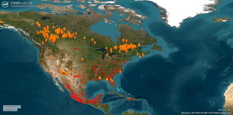 Active wildfires in the US and Canada. Photo: Fire Information for Resource Management System US/Canada