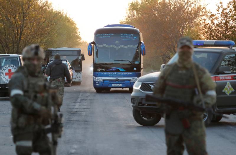 A bus carrying civilians removed from the Azovstal steel plant in Mariupol, Ukraine. Reuters