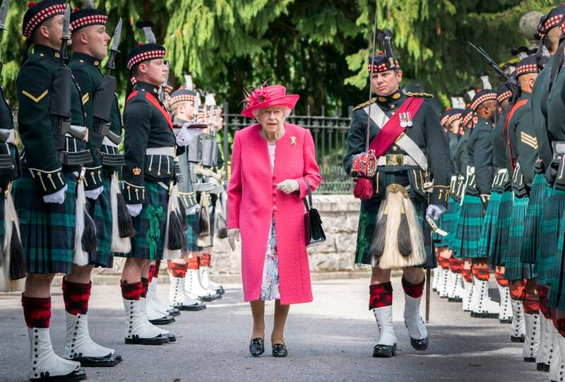 The queen during an inspection of the Balaklava Company, 5 Battalion The Royal Regiment of Scotland, at Balmoral in 2021.