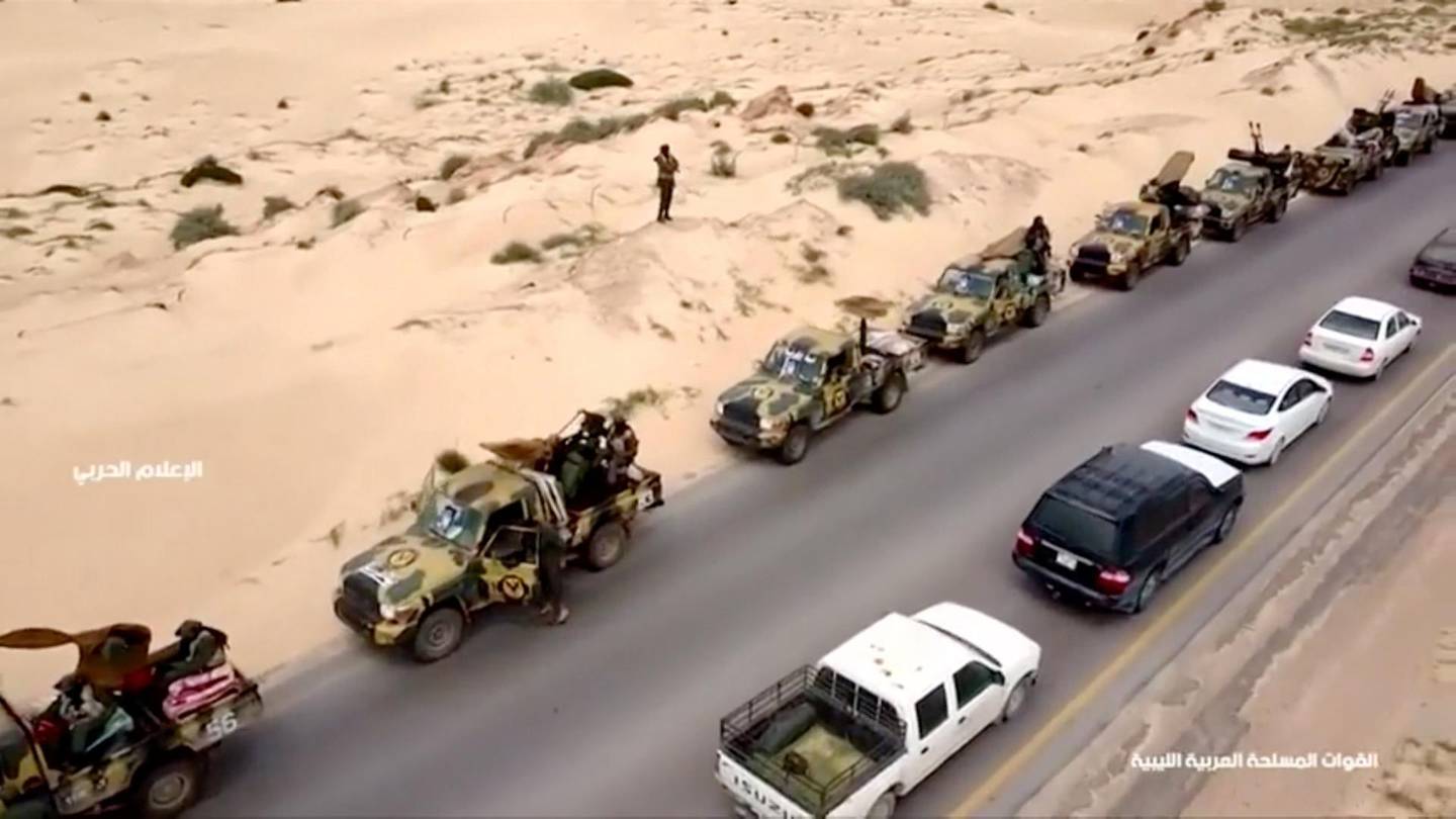 An aerial view shows military vehicles on a road in Libya, April 4, 2019, in this still image taken from video. Reuters TV via REUTERS