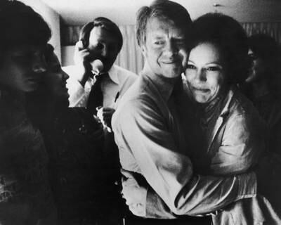 Democratic presidential candidate Jimmy Carter embraces his wife Rosalynn after receiving final news of his victory in the national general election on November 2, 1976. Getty