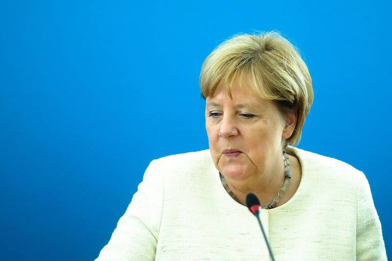 German Chancellor Angela Merkel arrives for Christian Democratic Union party's board meeting to discus yesterday's state elections in Saxony and Brandenburg at the headquarters in Berlin, Germany, Monday, Sept. 2, 2019. (AP Photo/Markus Schreiber)