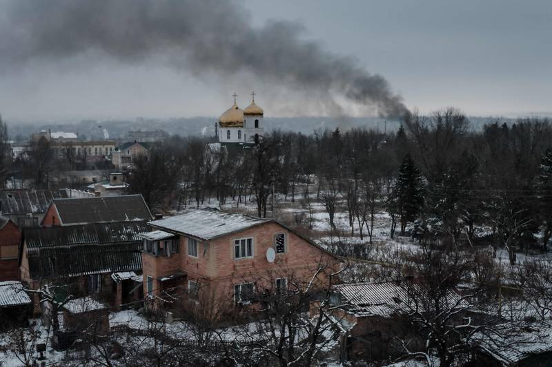 Black smoke rises after shelling in Bakhmut amid the Russian invasion of Ukraine. AFP