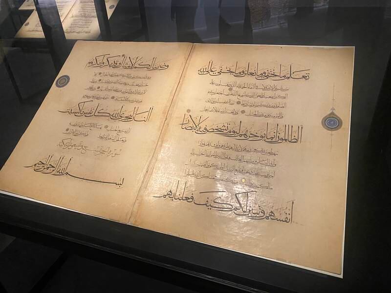 A monumental single volume Quran manuscript, believed to have been made for Baysunghur Mirza bin Shah Rukh or Ibrahim Sultan bin Shah Rukh, in Herat or Sheraz 820-45AD, is on show at Jeddah's inaugural Islamic Arts Biennale. Hareth Al Bustani / The National