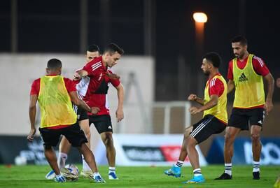 Caio Canedo, centre, surrounded by UAE teammates in training ahead of their upcoming World Cup qualifiers. UAE FA