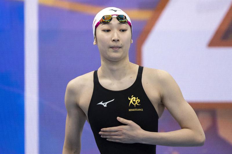 Rikako Ikee after winning the 100m butterfly final during the Japan National Swimming Championships at the Tokyo Aquatics Centre on Sunday, April 4, 2021. AFP