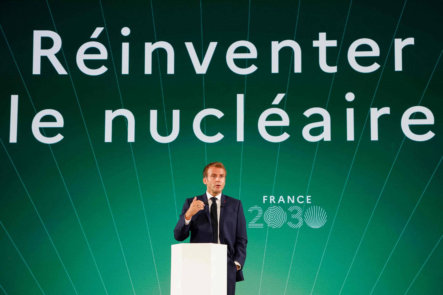 'Reinvent nuclear' was one of President Emmanuel Macron's slogans during a speech on his France 2030 agenda in Paris. AFP