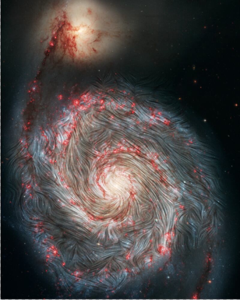The Whirlpool Galaxy is 31 million light years away. Taken by Nasa’s Stratospheric Observatory for Infrared Astronomy, the image shows the galaxy's “arms”, which are actually swirling clouds of gas and dust where massive new stars are born. Photo: Nasa