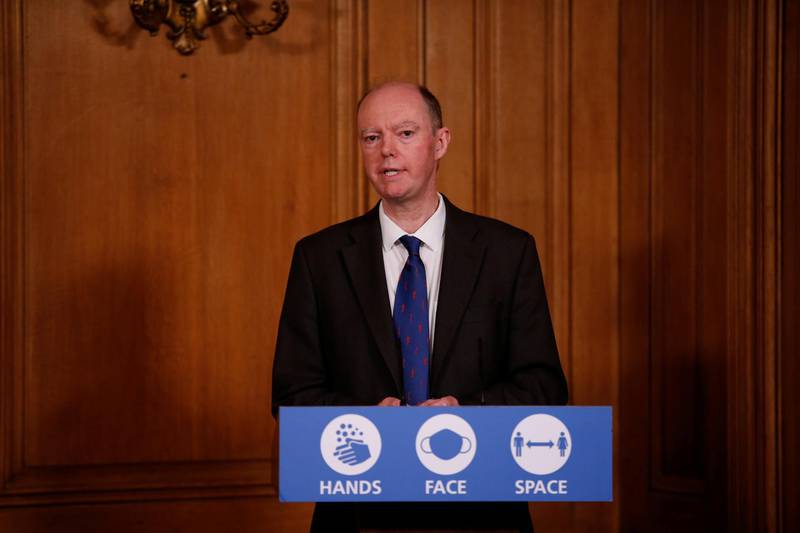 Britain's Chief Medical Officer Professor Chris Whitty speaks during a news conference on the ongoing situation with the coronavirus disease (COVID-19), at Downing Street, in London, Britain November 26, 2020.  Jamie Lorriman/Pool via REUTERS