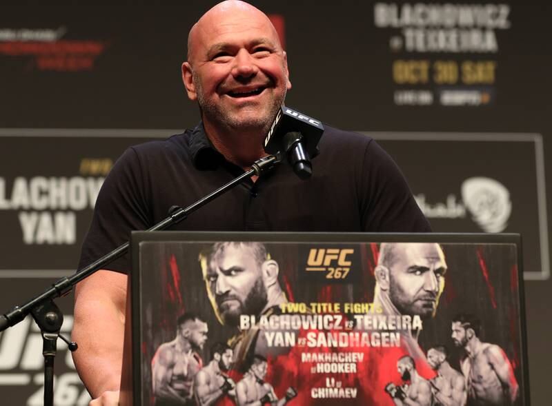 Dana White speaks at the press conference before UFC 267.