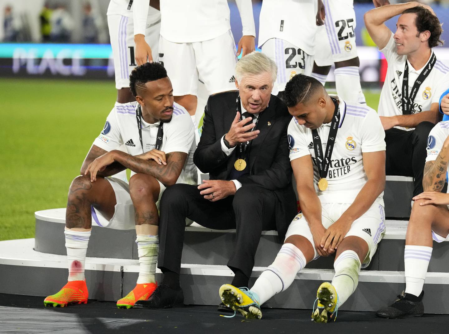 Real Madrid's head coach Carlo Ancelotti speaks with Casemiro after winning the Uefa Super Cup final on August 10, 2022. AP Photo
