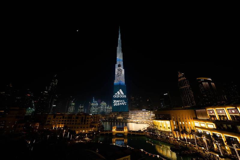 The Burj Khalifa lit up for the Run For the Oceans campaign. Courtesy Adidas 