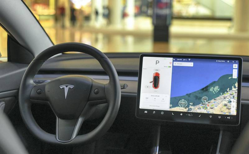 Abu Dhabi, United Arab Emirates - The interior of the new Model 3 Tesla at the newly opened pop up shop in Yas Mall. Khushnum Bhandari for The National