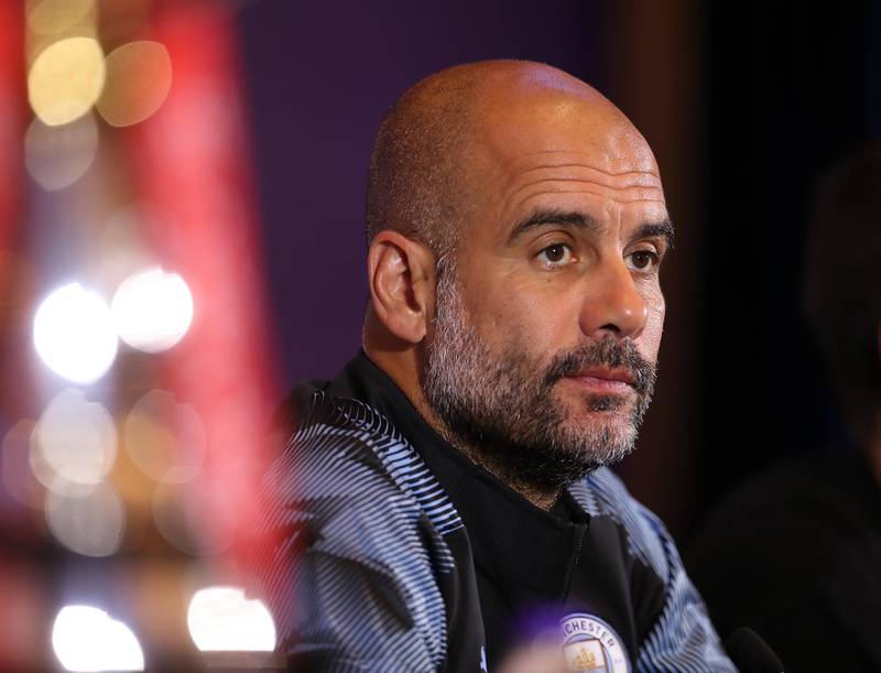 SHANGHAI, CHINA - JULY 19:  Manager of Manchester City FC Pep Guardiola looks during pre-match press conference of Premier League Asia Trophy on July 19, 2019 in Shanghai, China.  (Photo by Lintao Zhang/Getty Images for Premier League)