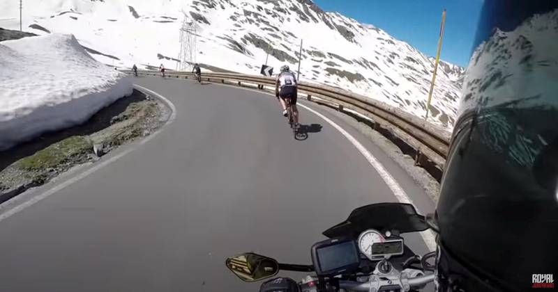 RJ shares a mountain road with cyclists on the Stelvio Pass in Switzerland. credit: Royal Jordanian