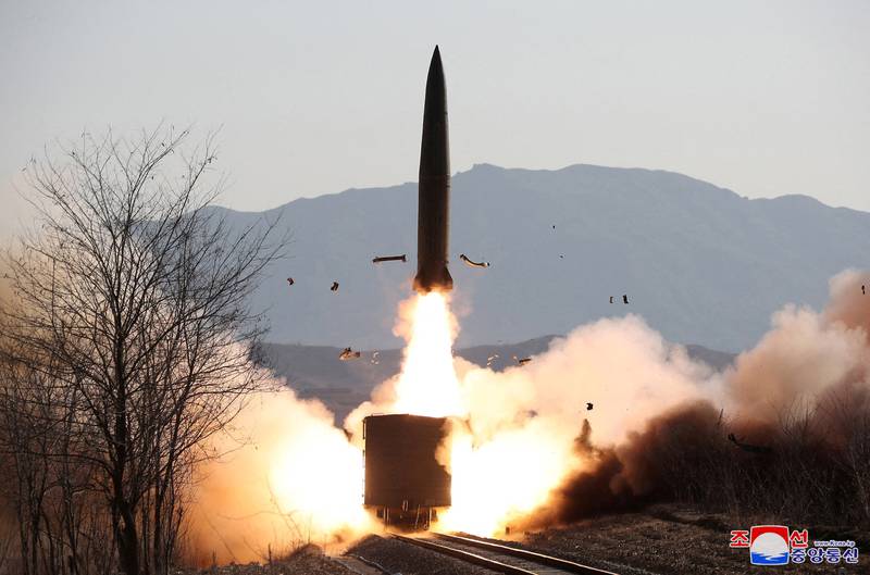 A missile is launched from rail lines during North Korean firing drills earlier in January. Reuters