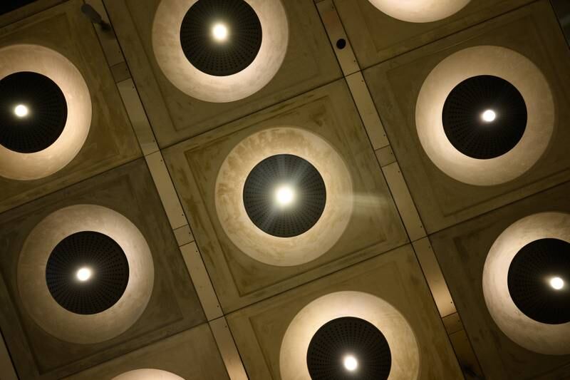 Symmetrical lighting units in the ceiling at the Paddington Station entrance. Getty Images